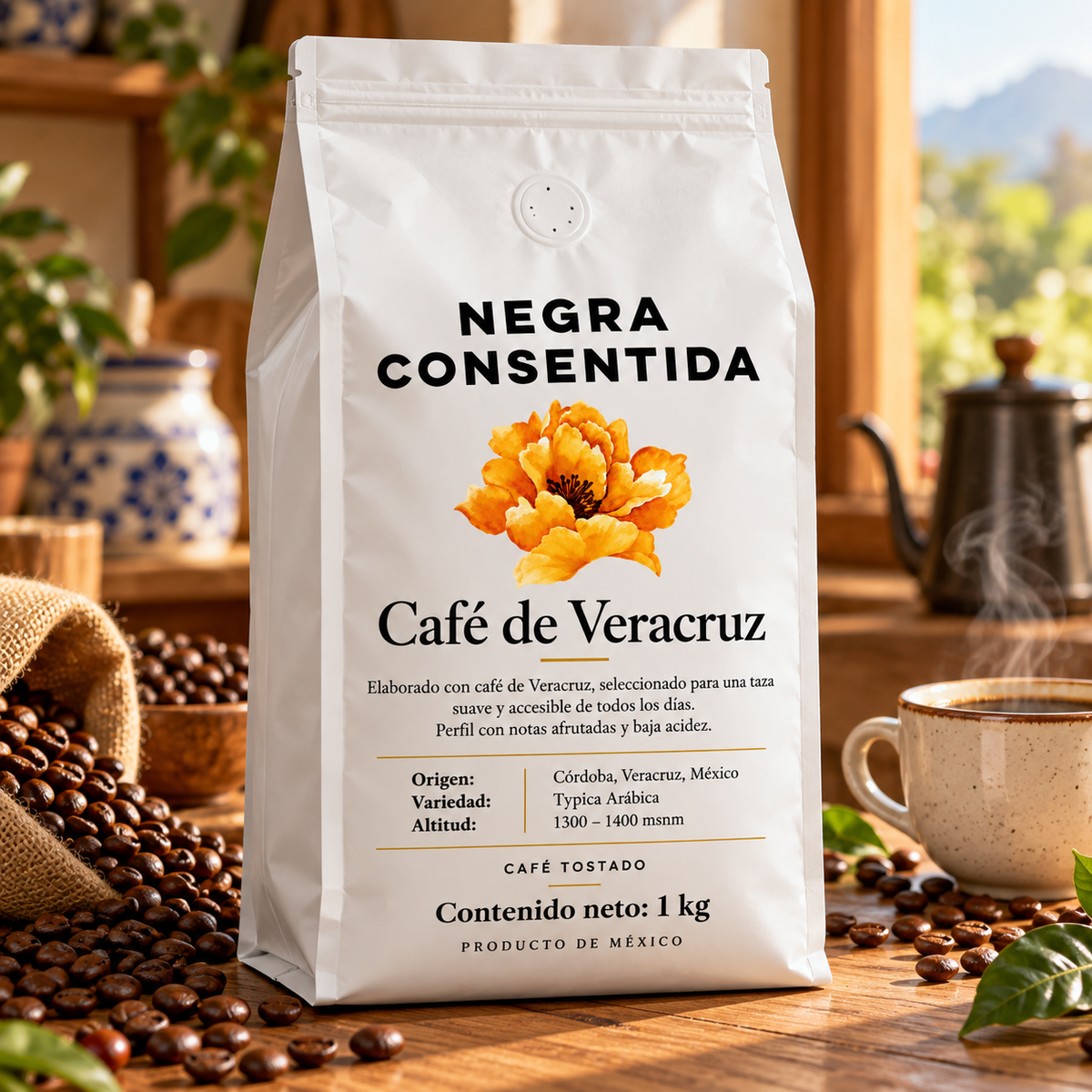 Negra Consentida café de Veracruz 1 kg con taza de café y granos tostados