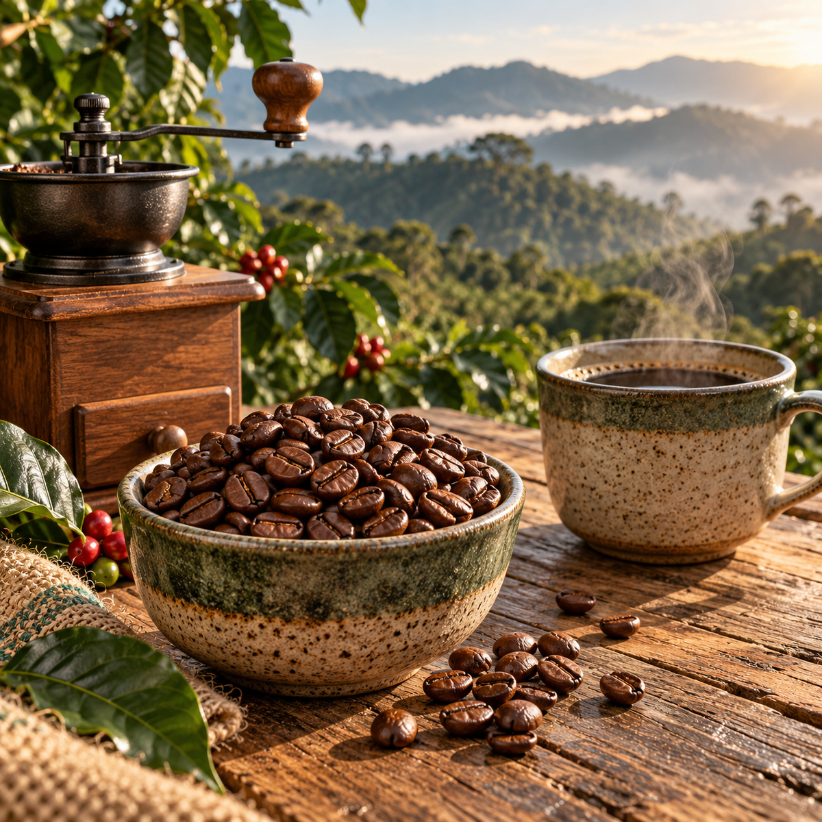 Granos de café Plétora junto a molino manual y taza con cafetal bajo sombra al fondo