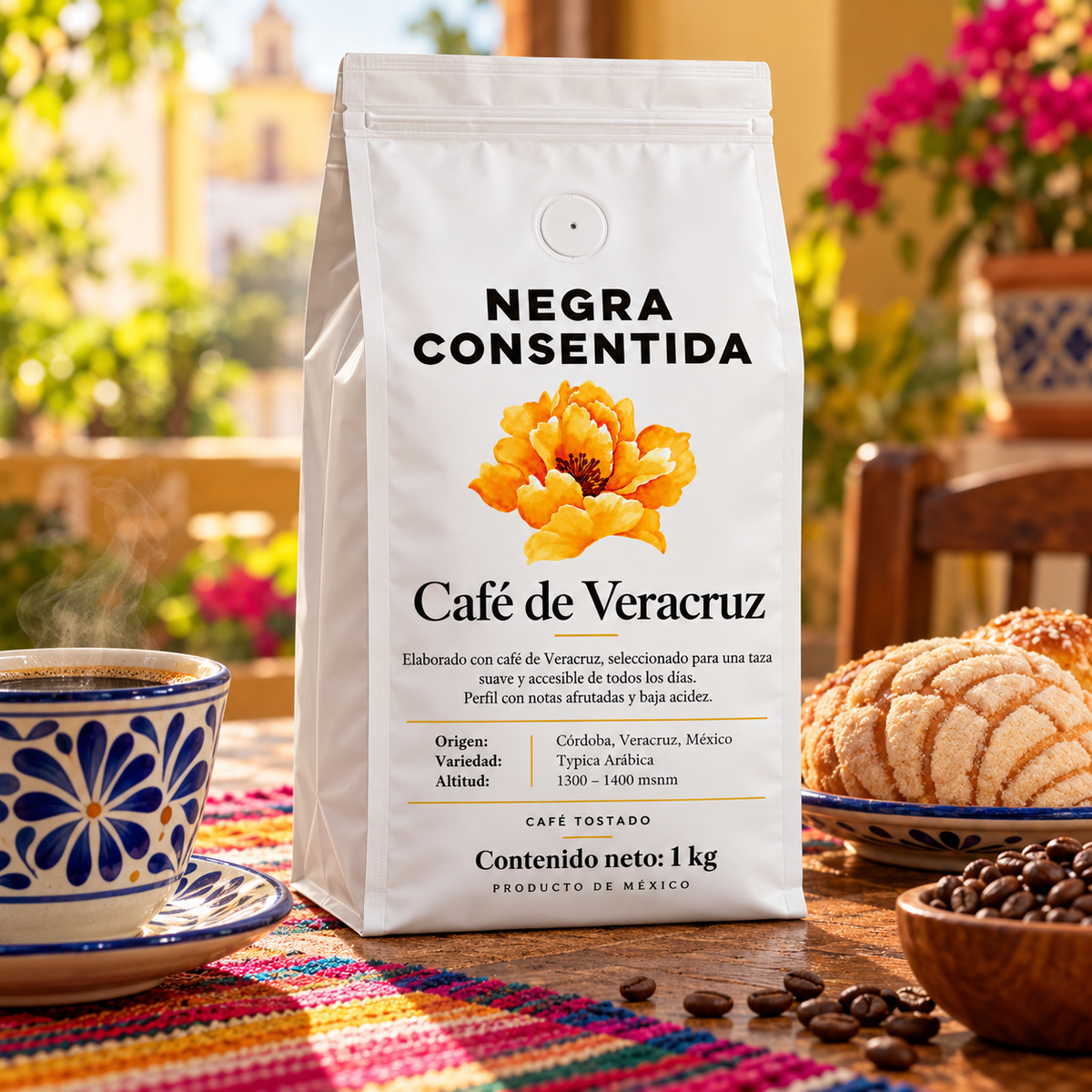 Negra Consentida café de Veracruz 1 kg en escena de desayuno tradicional