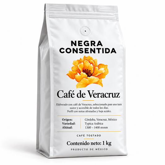 Negra Consentida café de Veracruz 1 kg en bolsa blanca de fuelle con válvula y zipper