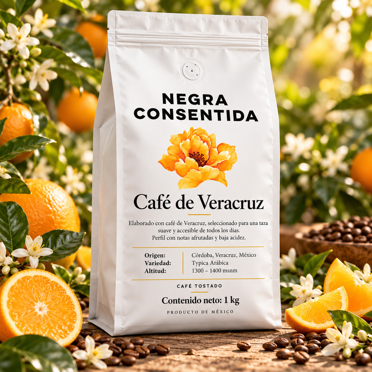 Negra Consentida café de Veracruz 1 kg con naranjas, flores y café