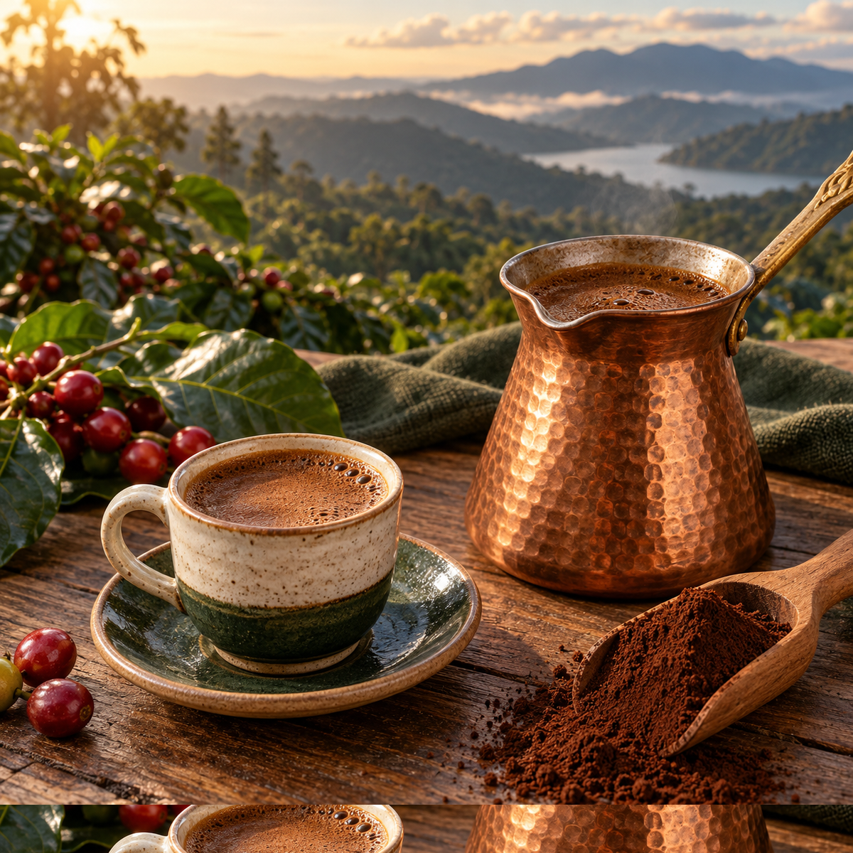 Café Plétora preparado en cezve con molienda superfina y cafetal al fondo