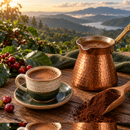 Café Plétora preparado en cezve con molienda superfina y cafetal al fondo