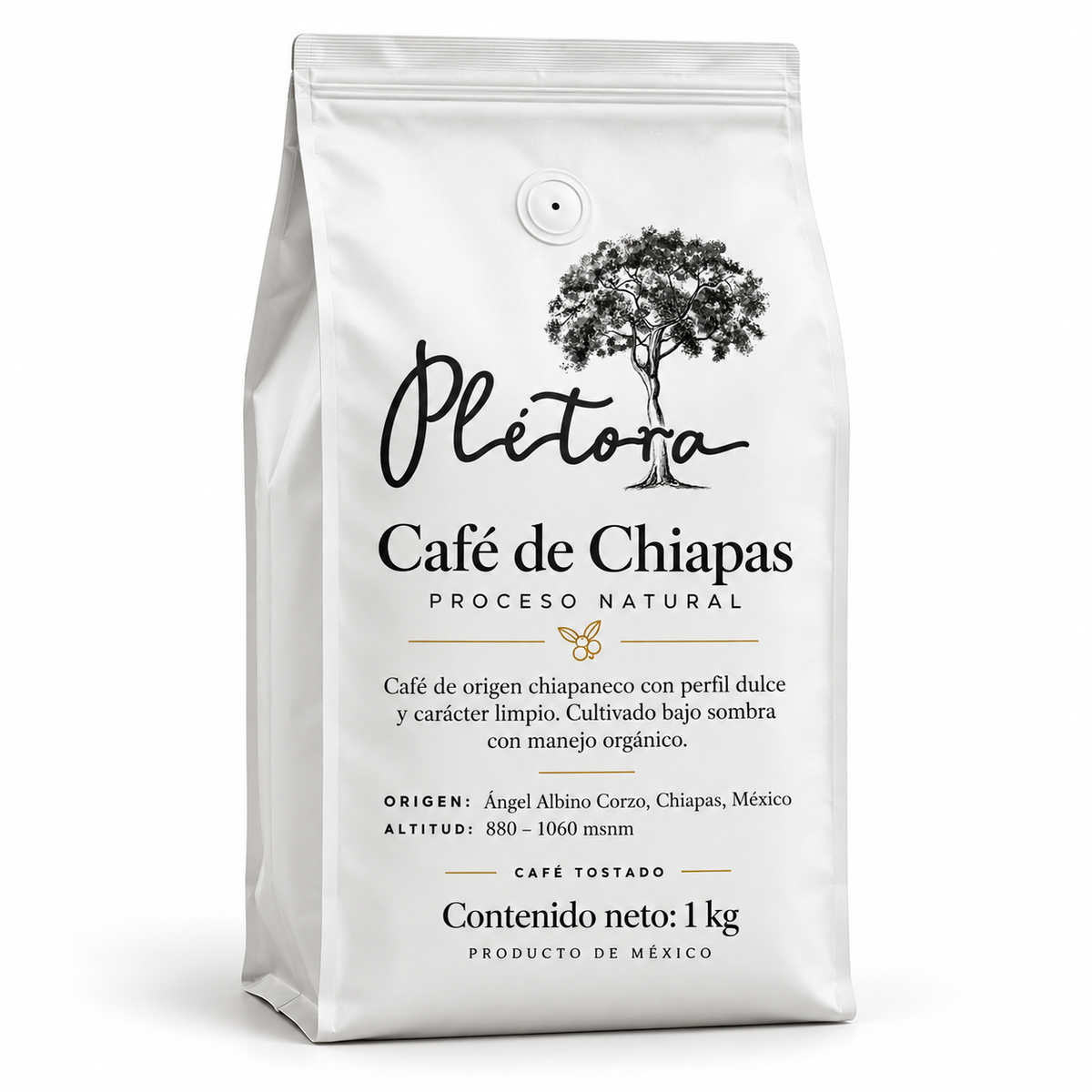 Plétora café orgánico de Chiapas proceso natural 1 kg en bolsa blanca de fuelle con válvula y zipper