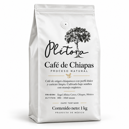 Plétora café orgánico de Chiapas proceso natural 1 kg en bolsa blanca de fuelle con válvula y zipper