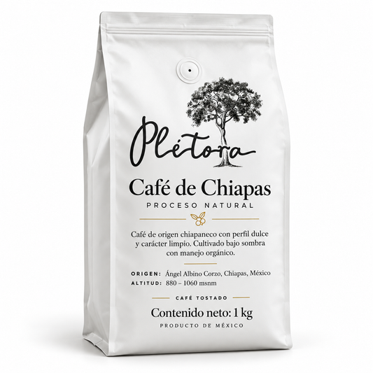 Plétora café orgánico de Chiapas proceso natural 1 kg en bolsa blanca de fuelle con válvula y zipper
