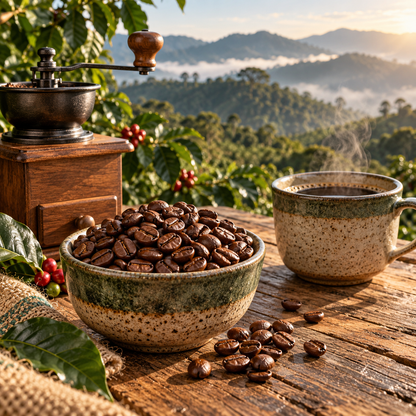 Granos de café Plétora junto a molino manual y taza con cafetal bajo sombra al fondo