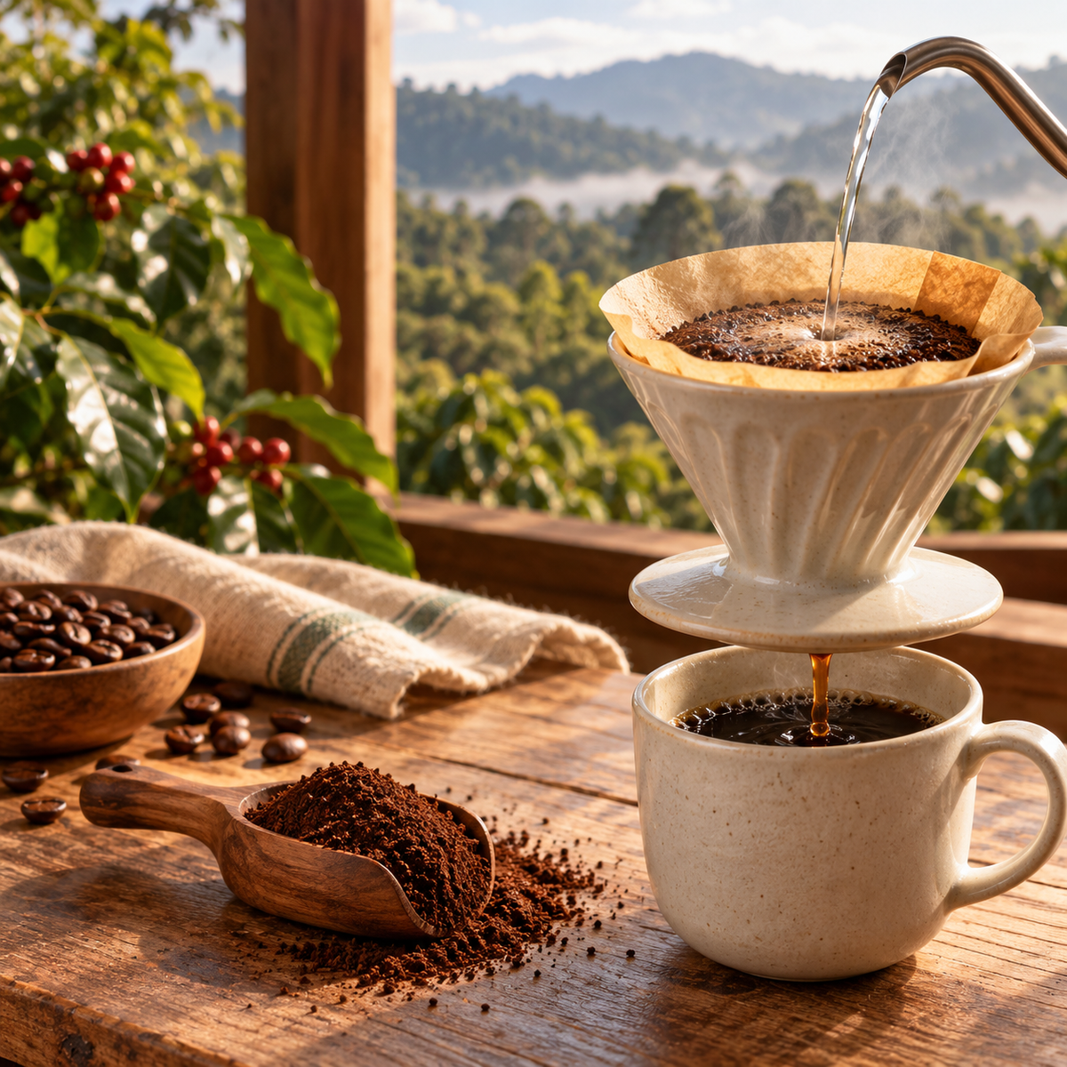 Preparación de café Plétora molido en filtro con cafetal bajo sombra al fondo