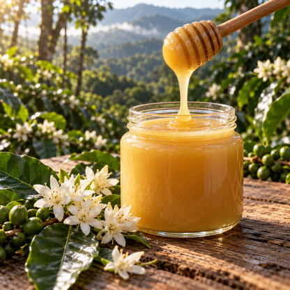Miel cremosa con flores de café y cafetal bajo sombra al fondo